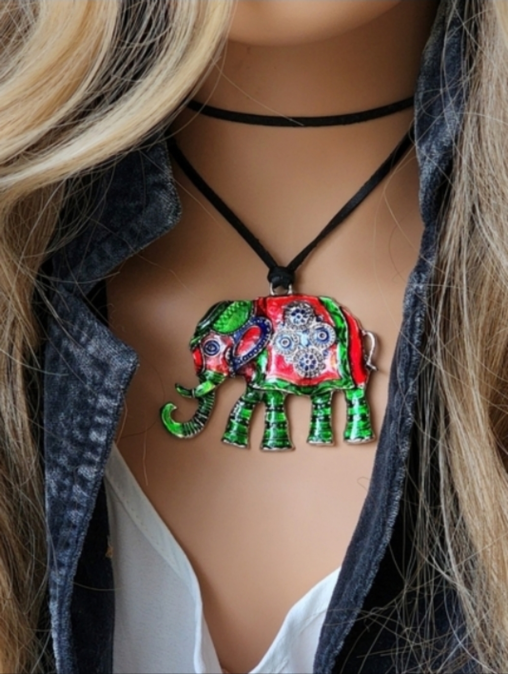 ❤️ Chico Jewelry Ethnic Elephant Large Silver Pendant Boho Ethnic Black cord